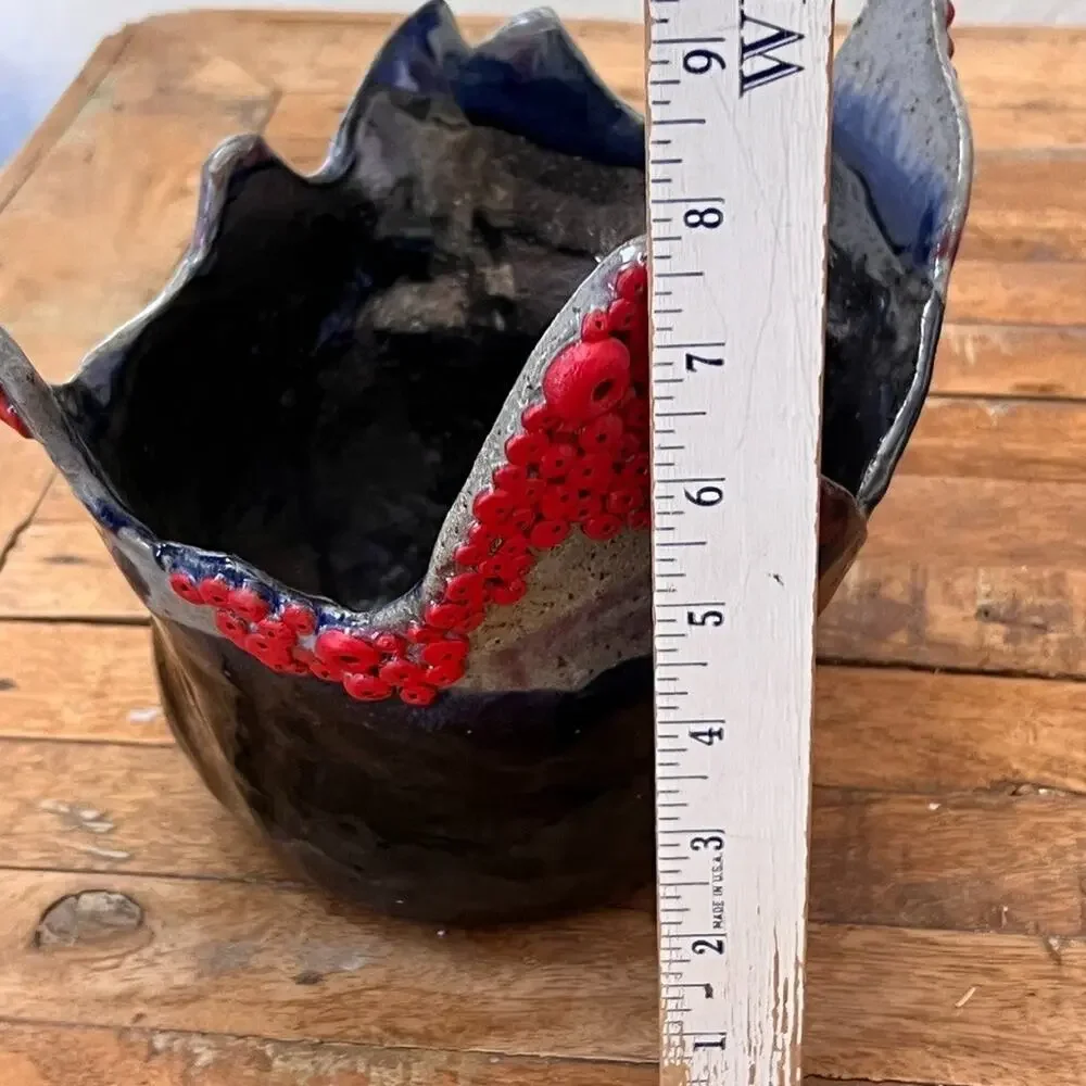 Handcrafted Abstract Ceramic Planter Vase Textured Dark Glaze